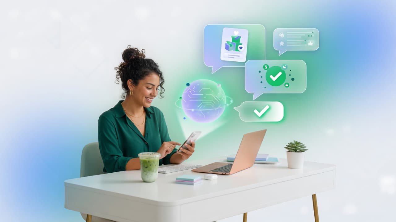 Emprendedora usando VendaShield con asistencia de inteligencia artificial para vender por WhatsApp
